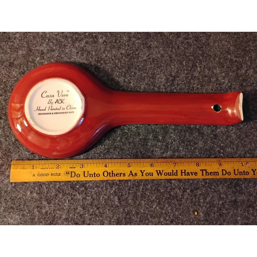Casa Vero by Ack Ceramic Spoon Rest Holder Hand Painted Green w Red Apple NOTE